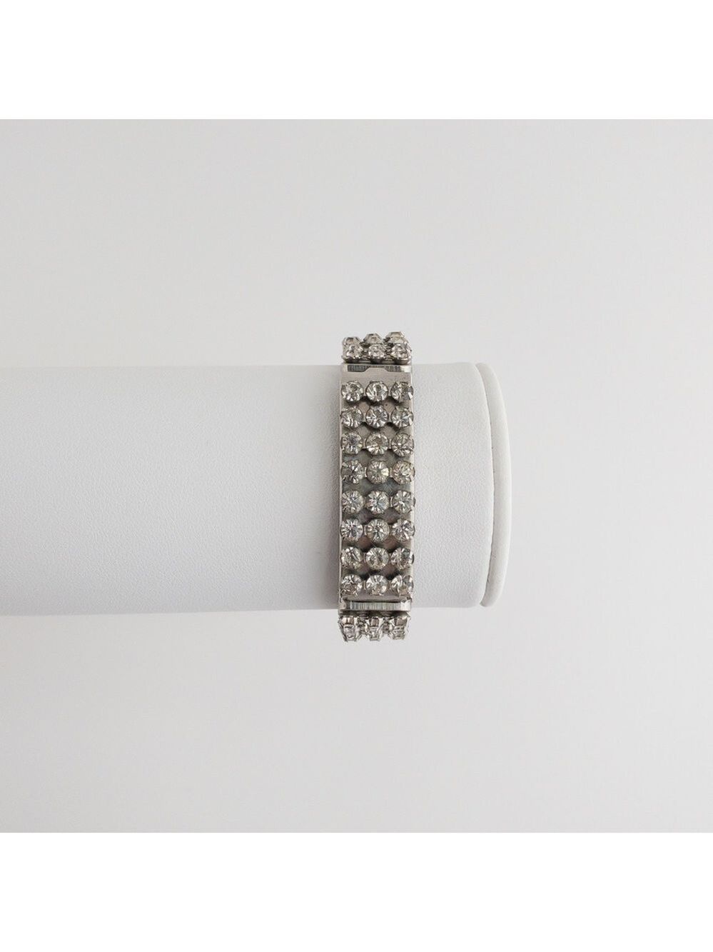 Vintage Crystal Rhinestone Locket Picture Photo Bracelet Expandable Silver Tone
